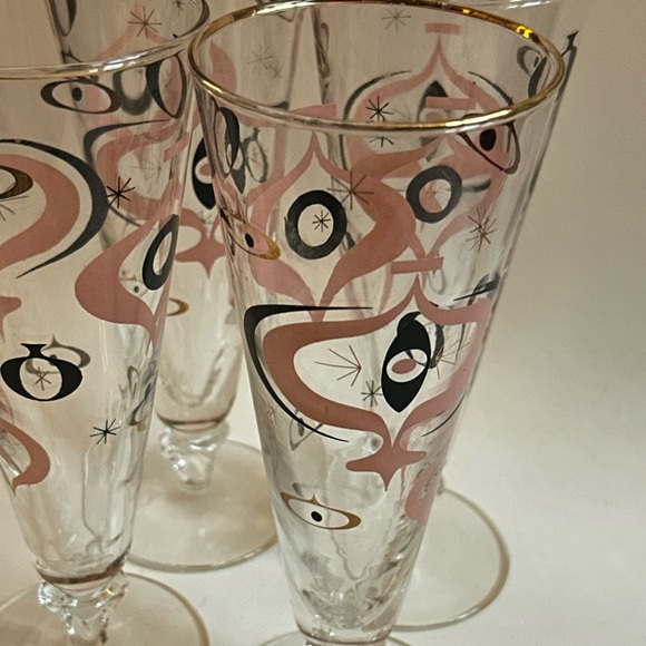 VTG Libbey 4pc Seville Fluted Pilsner Glasses MCM Atomic Starburst Pink & Black - Picture 4 of 6